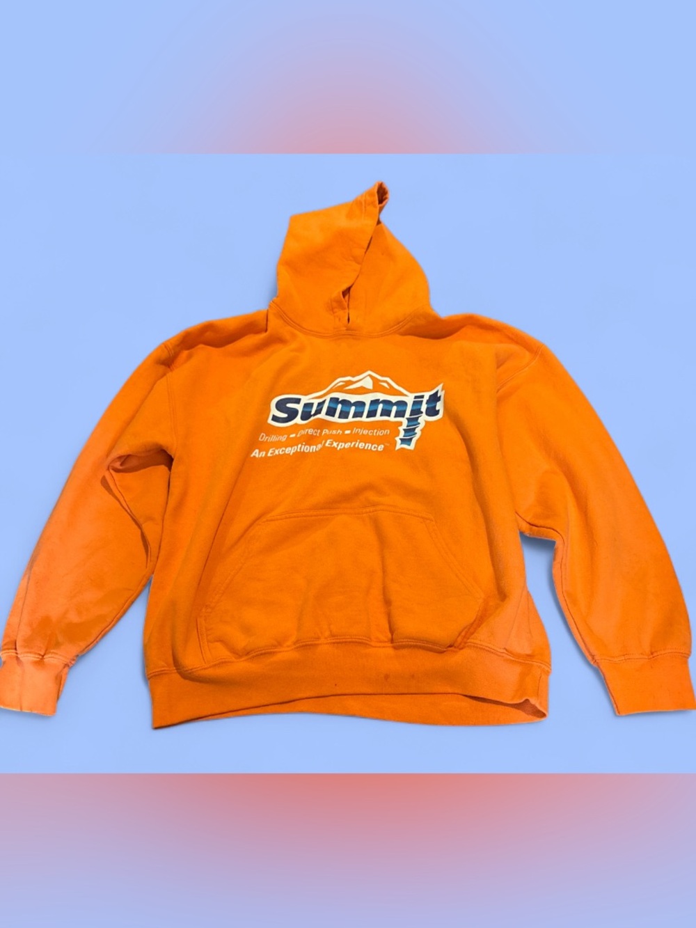 Orange Summit Drilling hoodie with white & blue text, unisex #outdoors #hiking